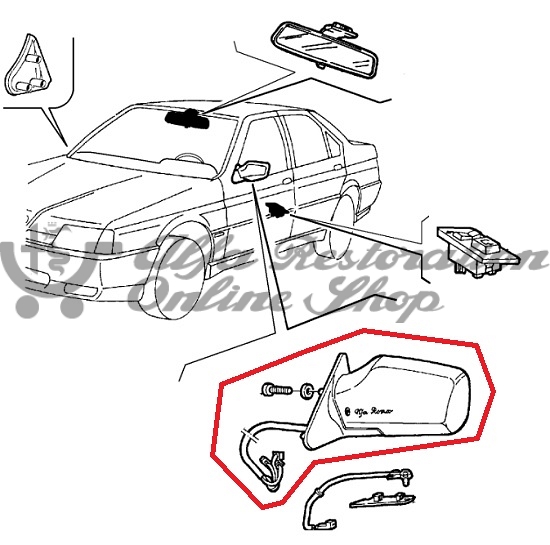 Alfa 164 (1987-1992) Left Door Rearview Mirror (LHD Vehicles)