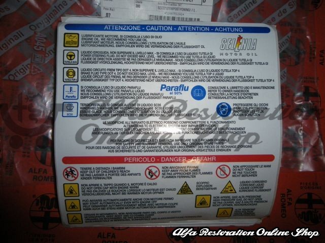 Alfa Romeo Decal "Recommended Fluids & Lubricants"