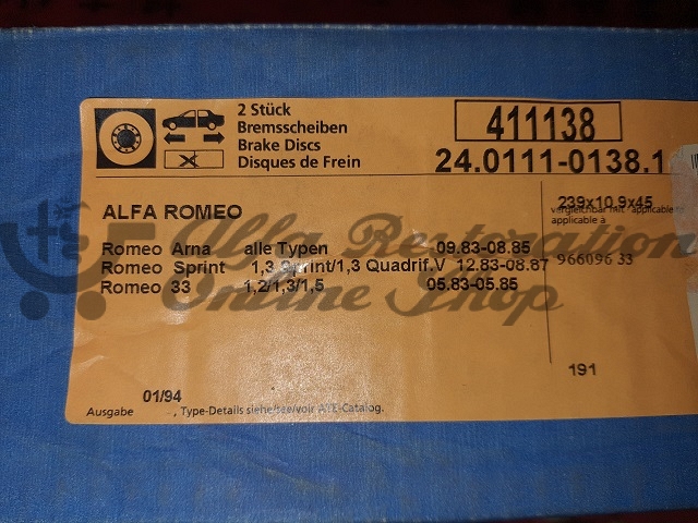 Alfa 33 905 Series/Sprint/ARNA Front Disk Brakes Set (Solid Disks)